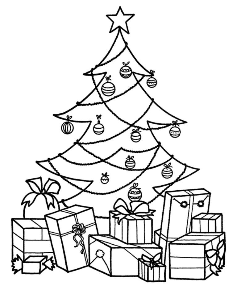 For Christmas Tree And Presents Coloring Page