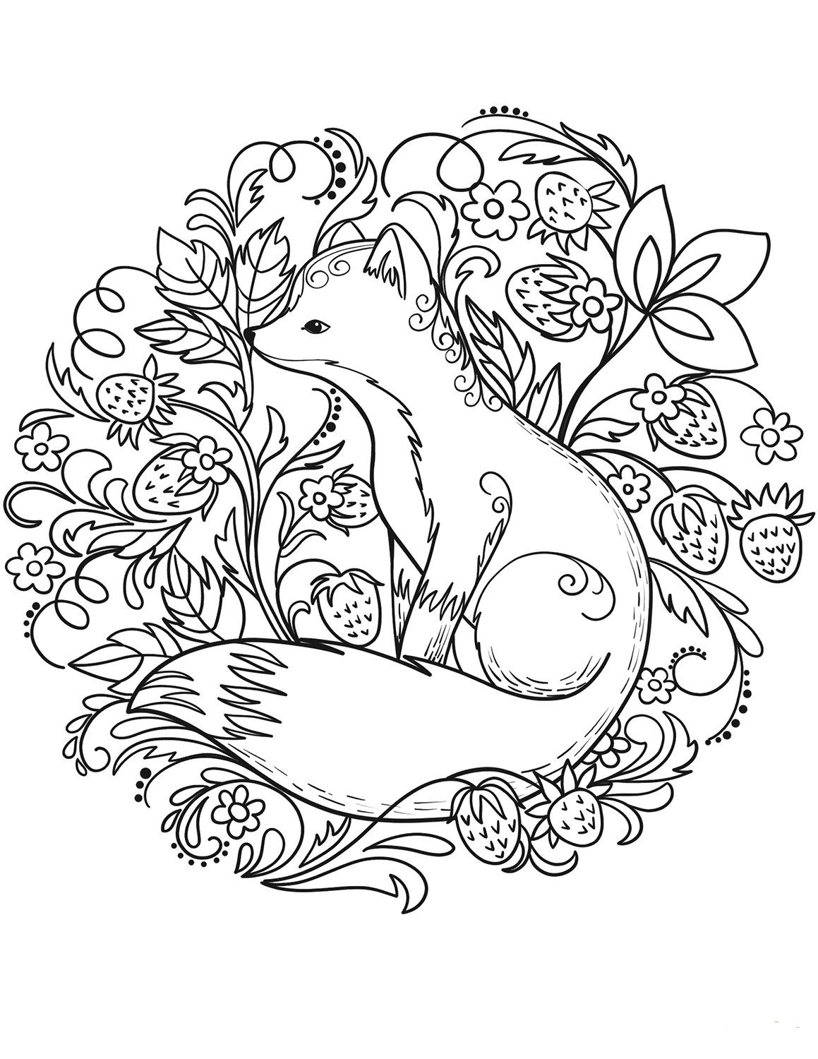 Fox And Strawberry Coloring Page