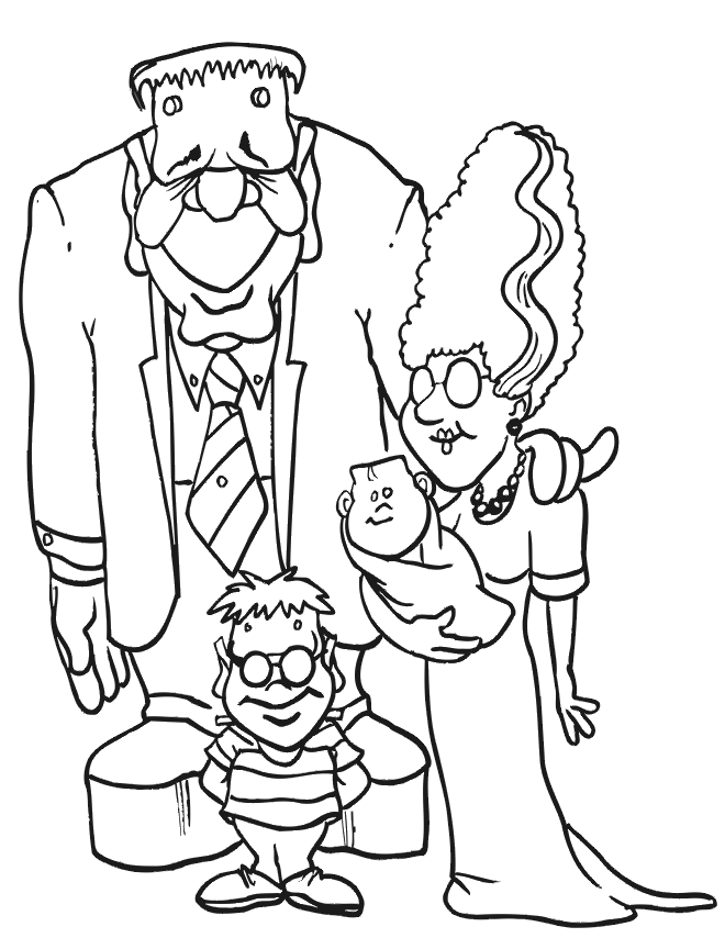 Frankenstein And Happy Family Coloring Page