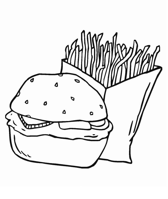 French Fries and Burger Coloring Page