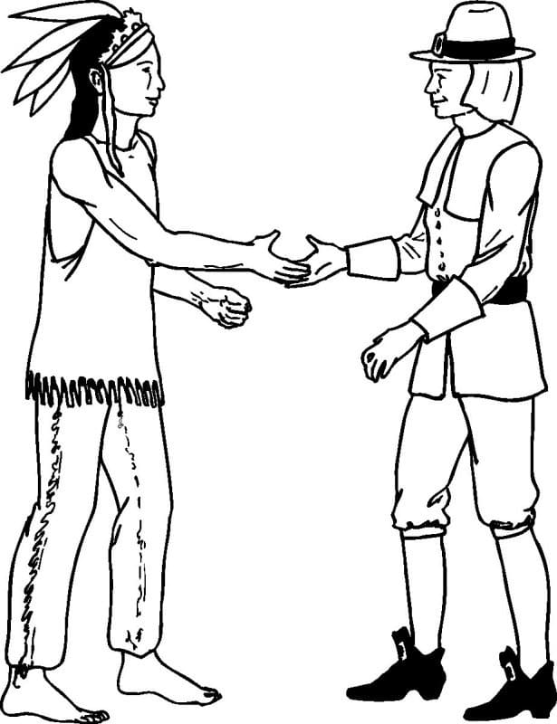 Friendly Pilgrim and Indian Coloring Page