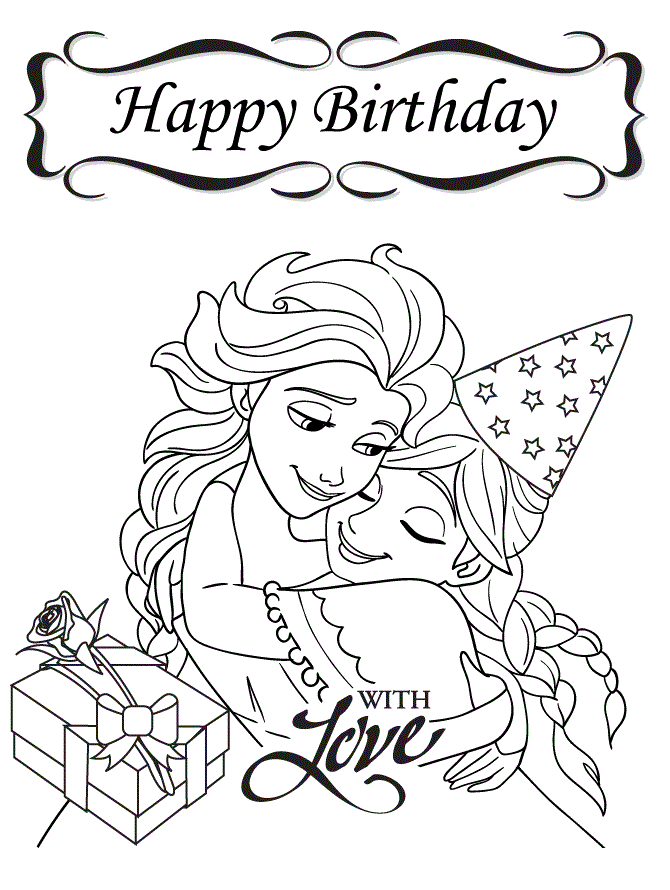 Frozen Happy Birthday With Love Colouring Page