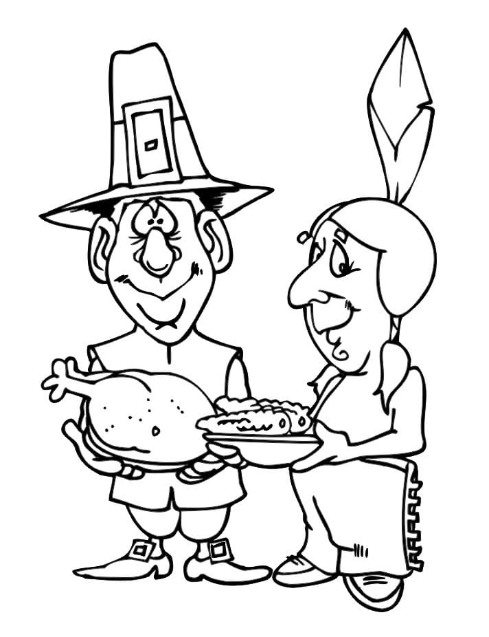 Funny Pilgrim and Indian Coloring Page