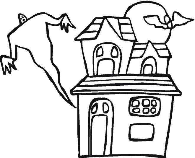 Ghost And Haunted House Halloween Free Coloring Page