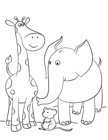 Giraffe With Elephant And Mouse Coloring Page