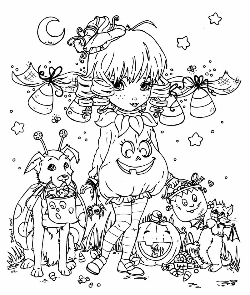 Girl and Animals Coloring Page