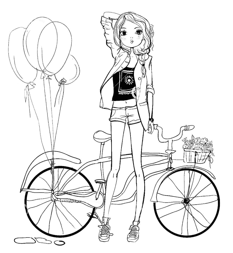 Girl and Bike Coloring Page