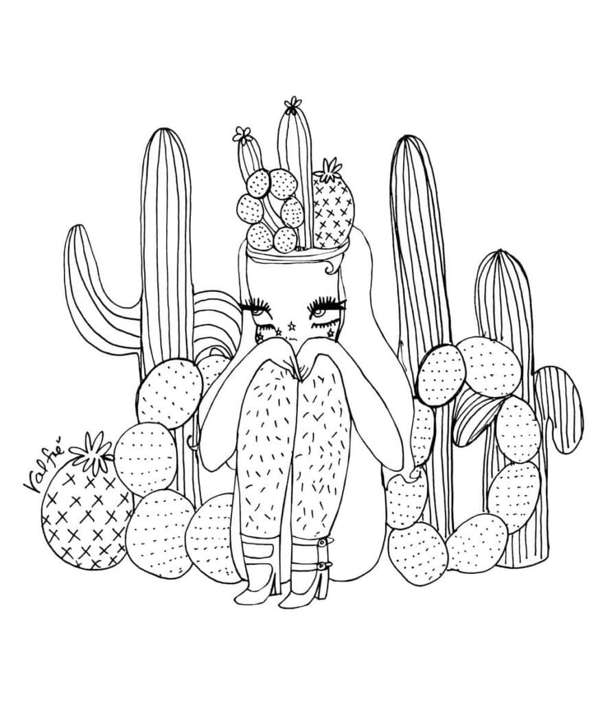 Girl and Cactus Aestheics Coloring Page