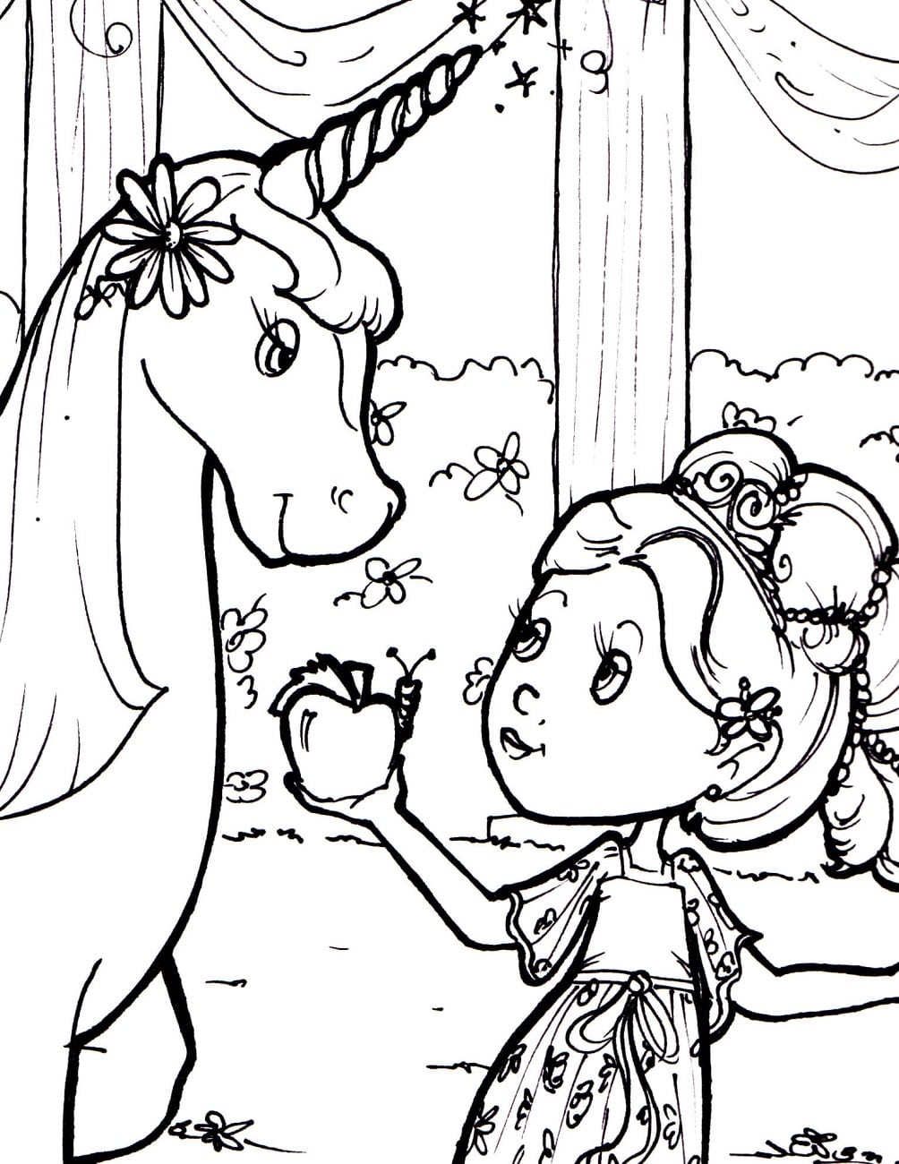Girl Giving Apple For Unicorn Coloring Page