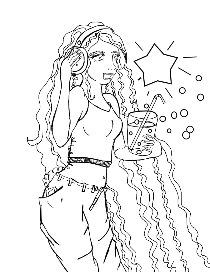 Girl in Headphones Coloring Page