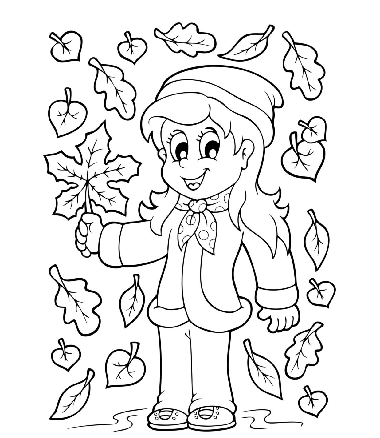 Girl In Leaves Fall Coloring Page