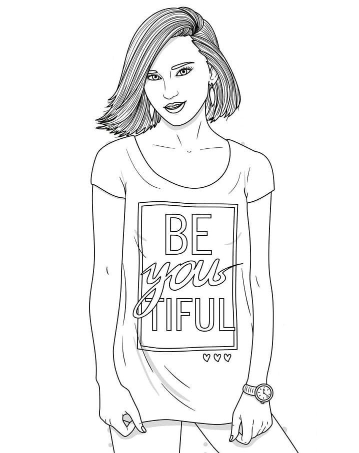 Girl in T-shirt Cool Coloring Page
