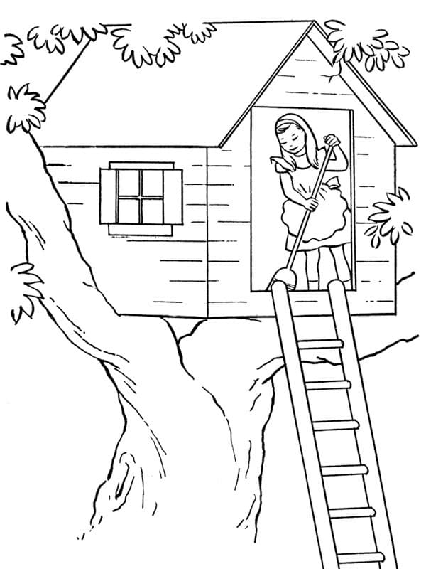 Girl in Treehouse Coloring Page