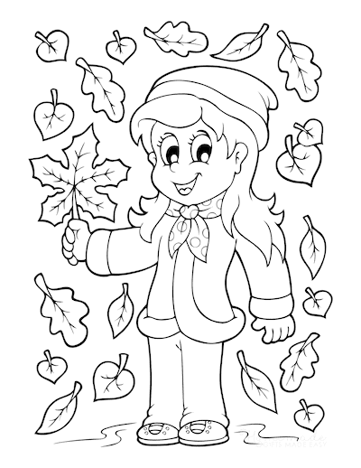 Girl Takes A Leaf Autumn Tree Coloring Page