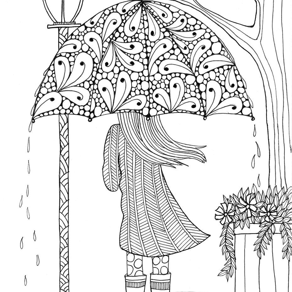 Girl Under The Rain Coloring Page