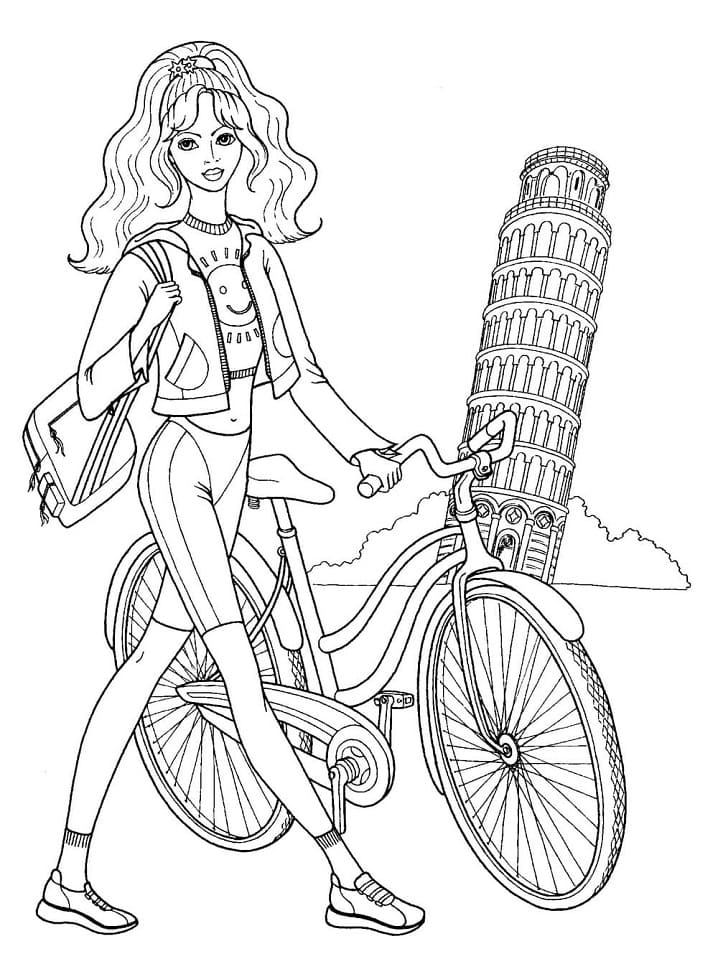 Girl with a Bike For Kids Coloring Page
