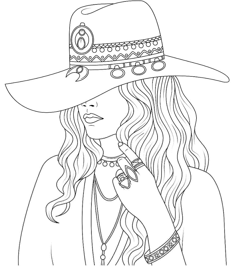 Girl with Cool Hat Coloring Page
