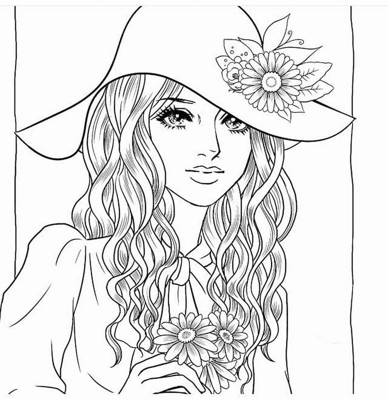 Girl with Hat Coloring Page