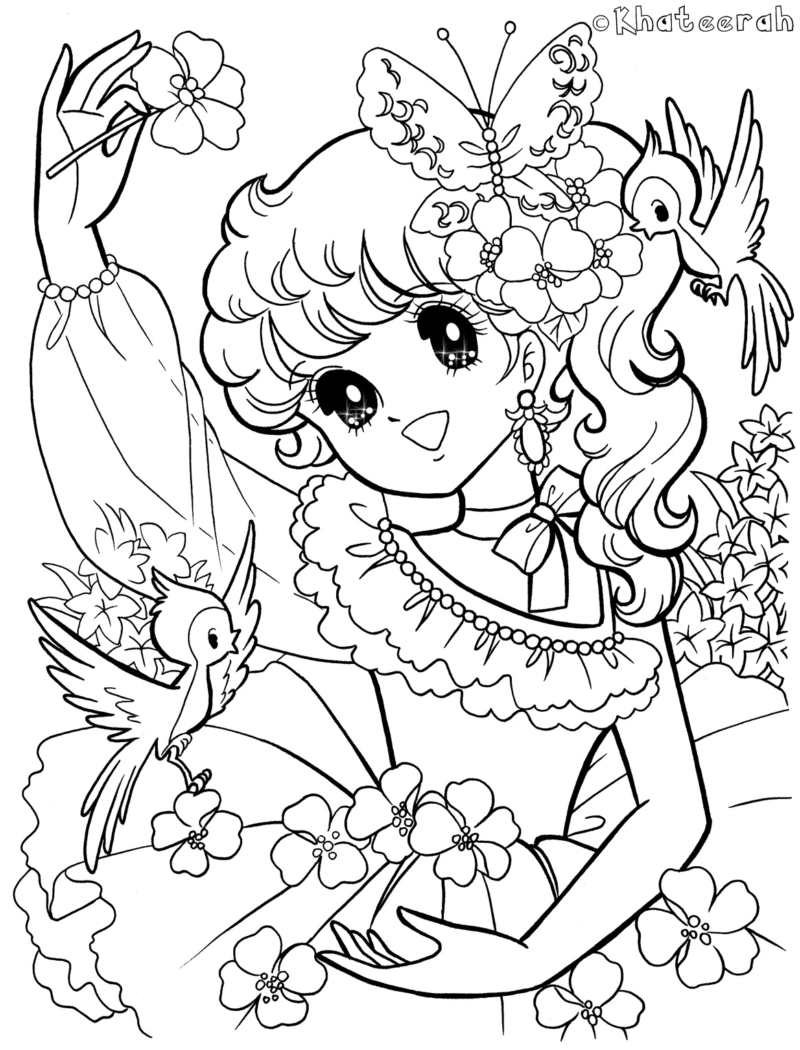 Glitter Force Birds Flowers Nature Coloring Page