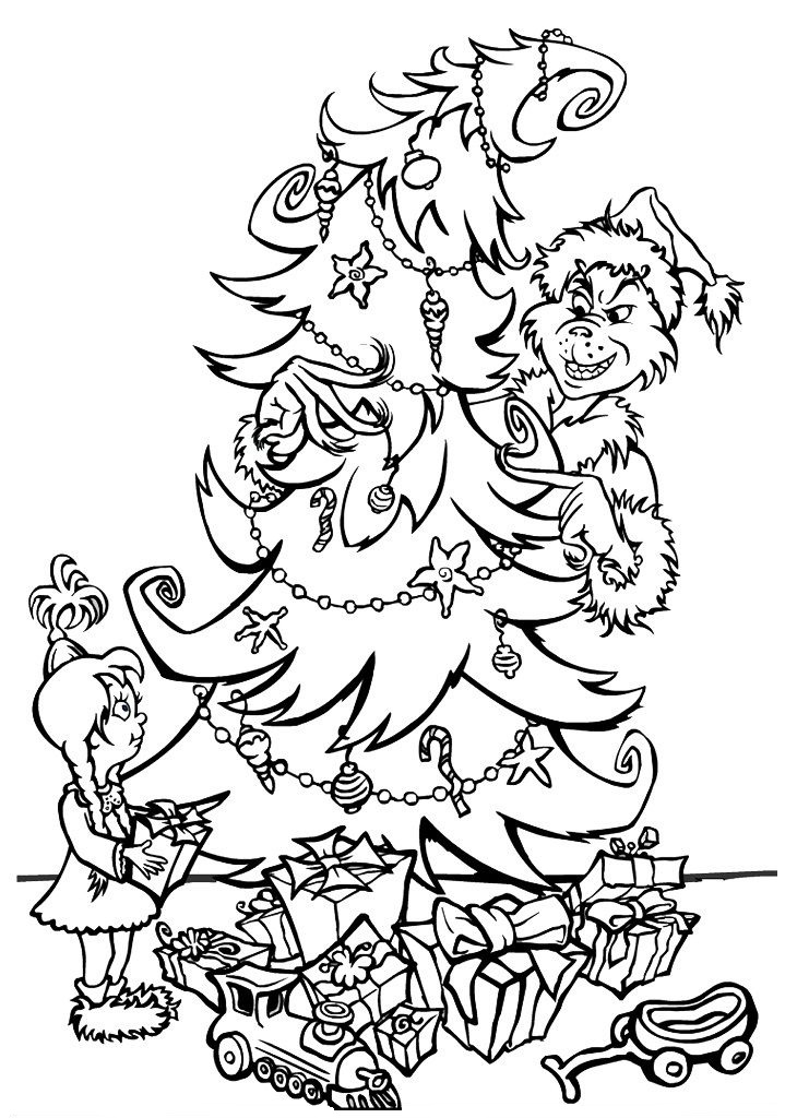 Grinch Is Decorating Christmas Tree Coloring Page