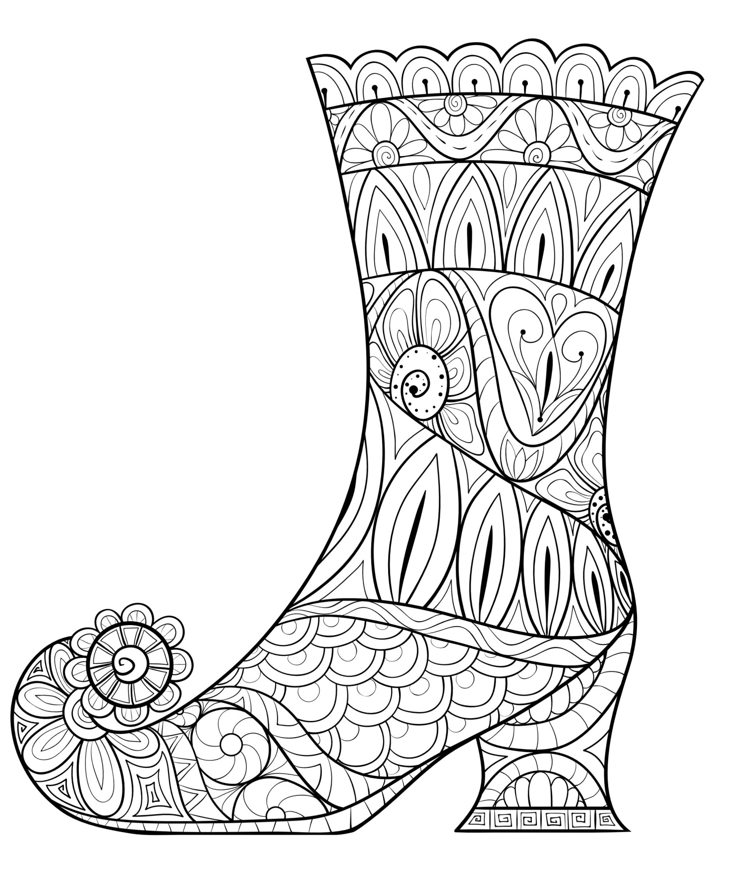 Halloween Adult Intricate Pattern Witches Boot Coloring Page