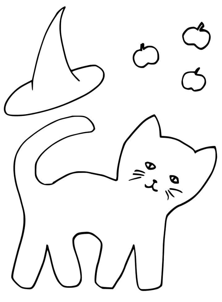 Halloween Cat and Witch Hat Coloring Page