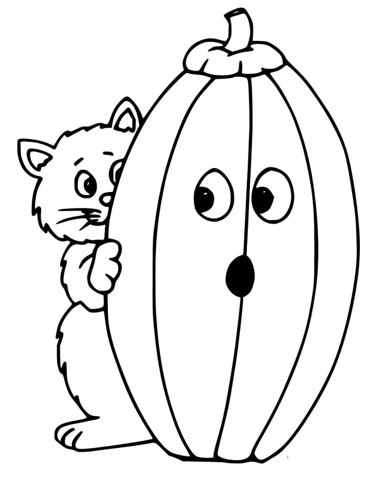 Halloween Cat Behind Pumpkin Coloring Page