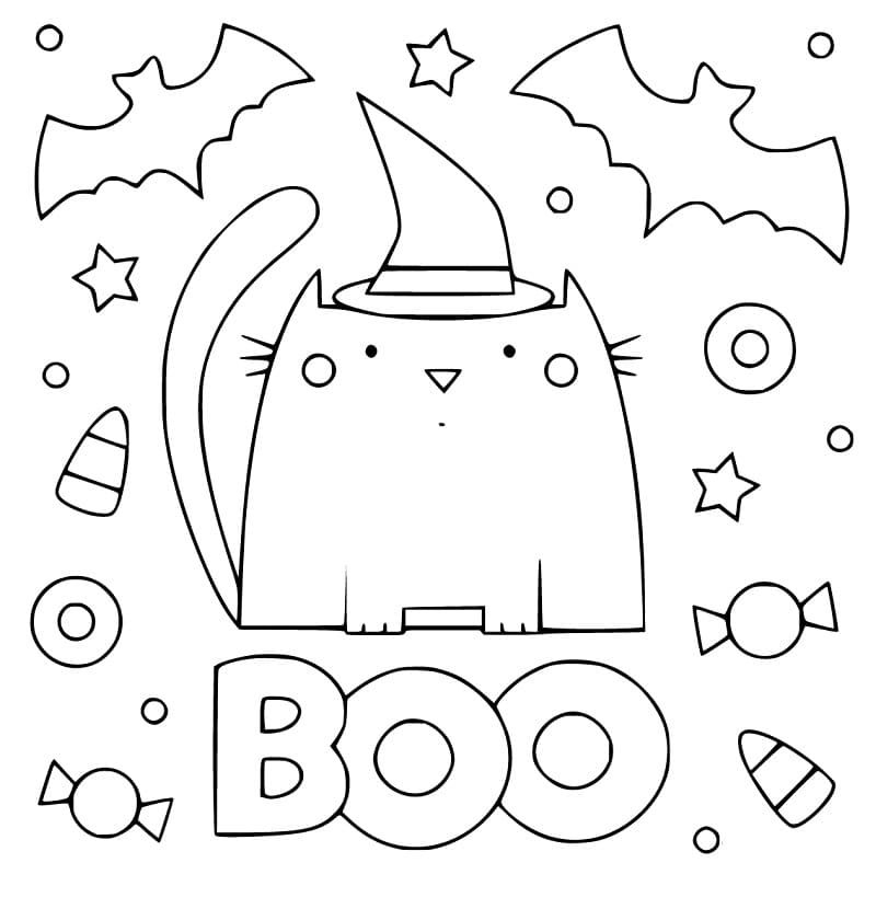 Halloween Cat Cute Coloring Page