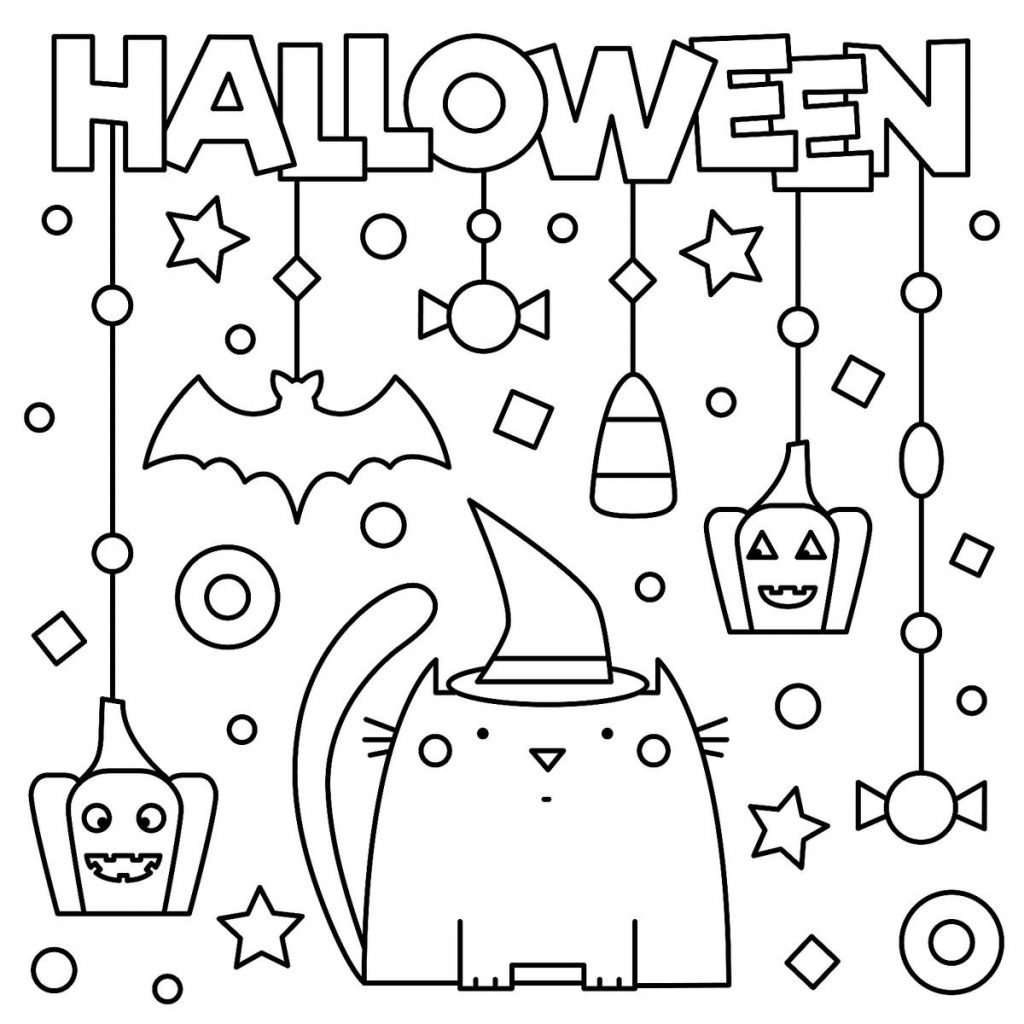 Halloween Cat Pumpkins Stars Kids Coloring Page