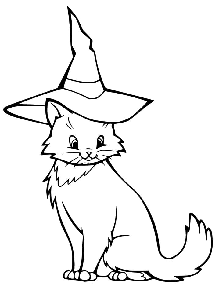 Halloween Cat with Witch Hat Coloring Page