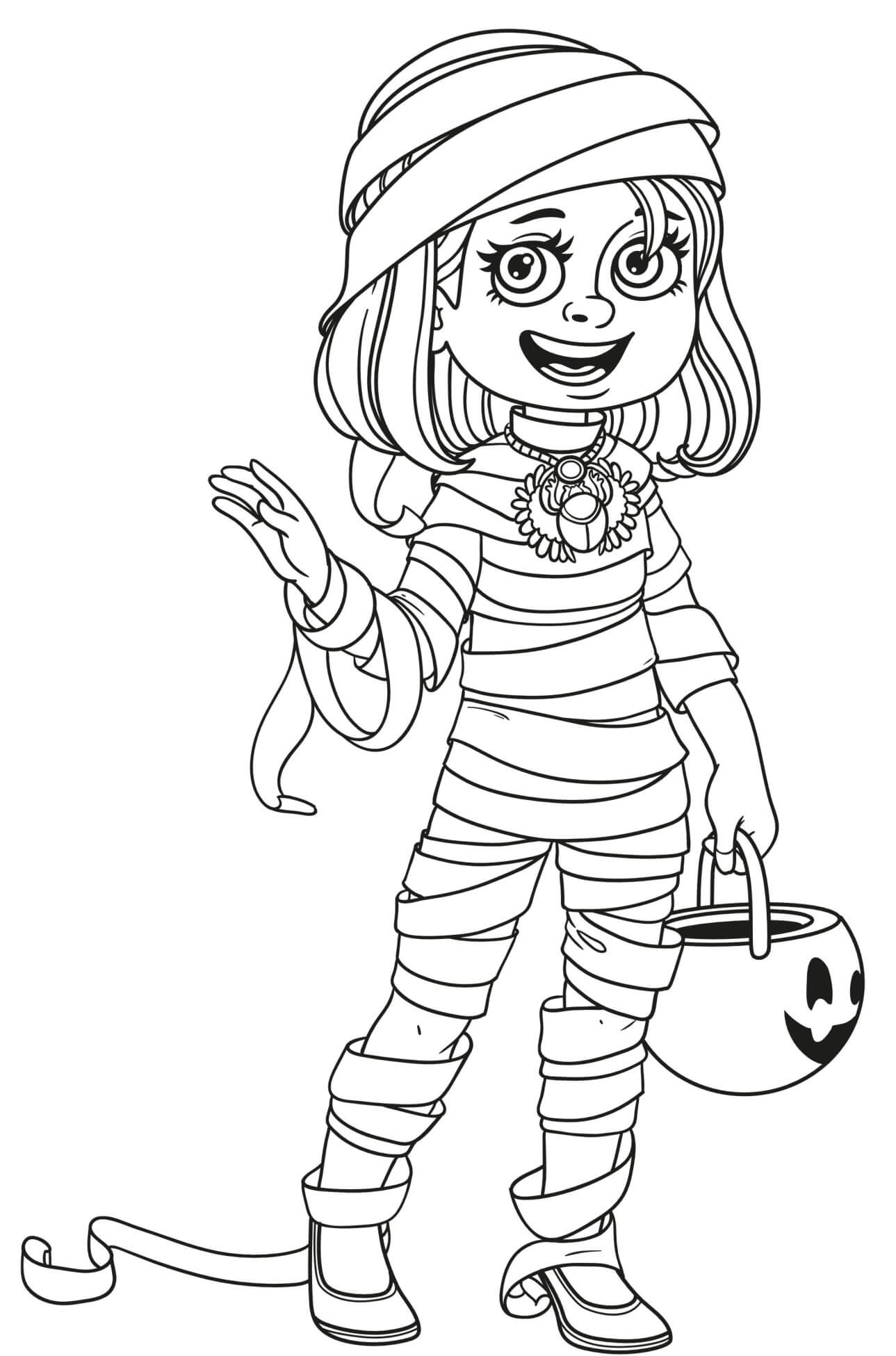 Halloween Girl Mummy Costume Trick Or Treat Coloring Page