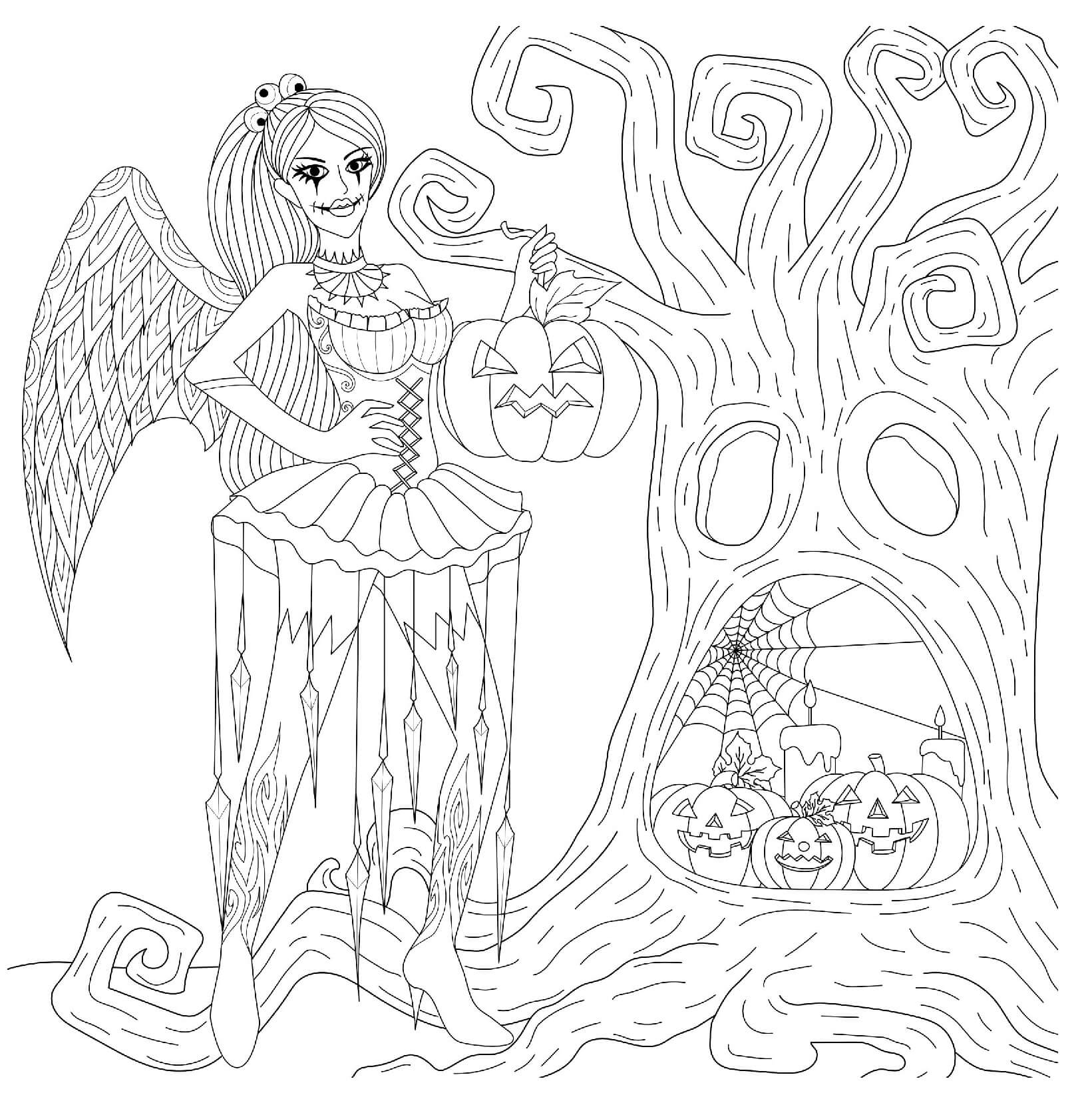 Halloween Goth Fairy Spooky Tree Pumpkins Coloring Page