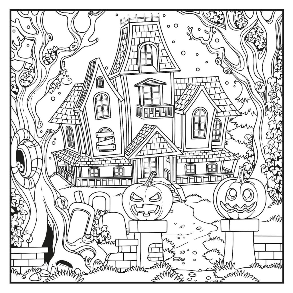 Halloween Haunted House With Pumpkins And Scary Stuffs Coloring ...