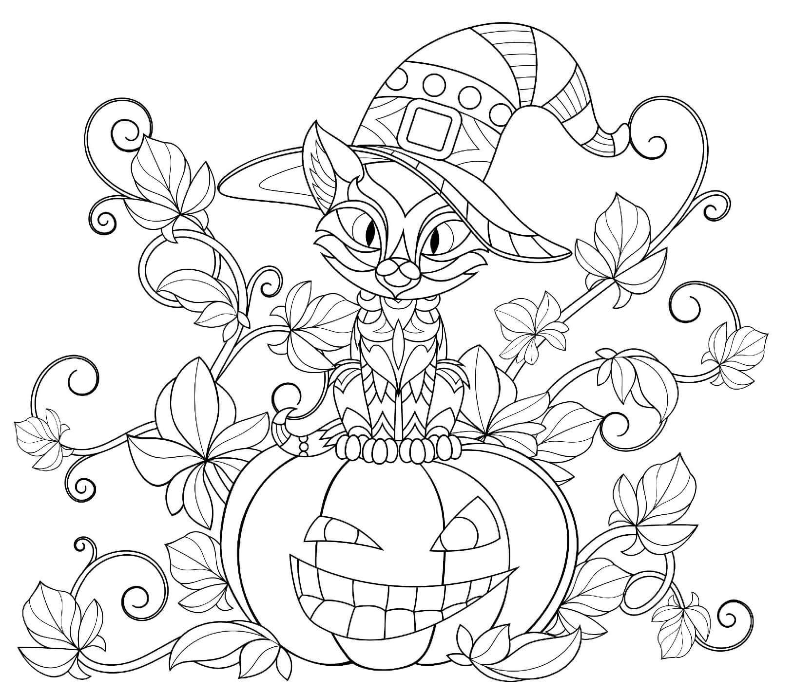 Halloween Pumpkin Vine Cat Hat Coloring Page