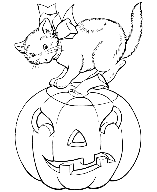 Halloween Cat And Pumpkin Coloring Page