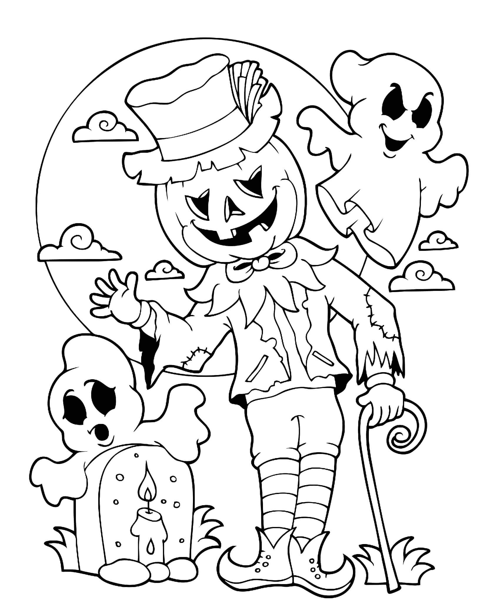 Halloween Scarecrow Pumpkin Graveyard Moon Coloring Page