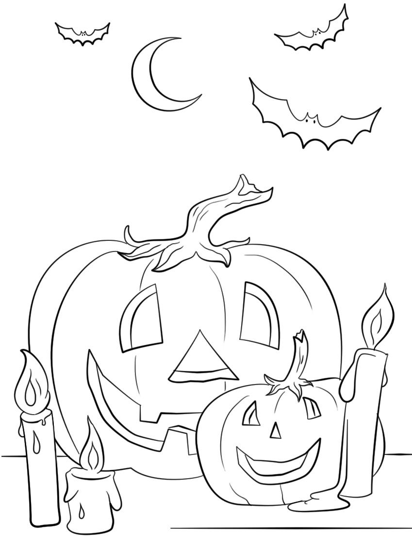 Halloween Scene With Pumpkins Candles And Bats