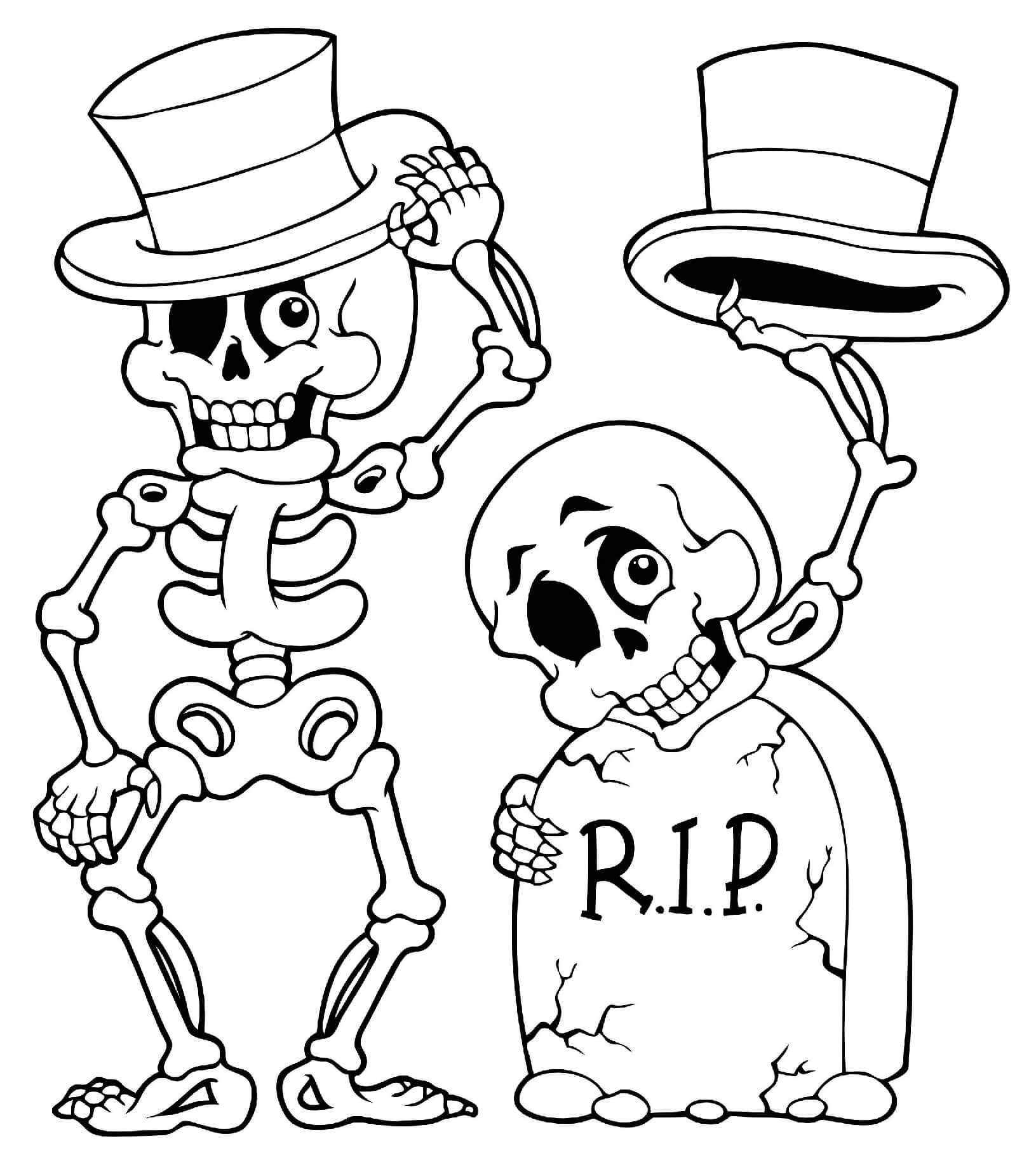 Halloween Skeleton Headstone Skull Coloring Page