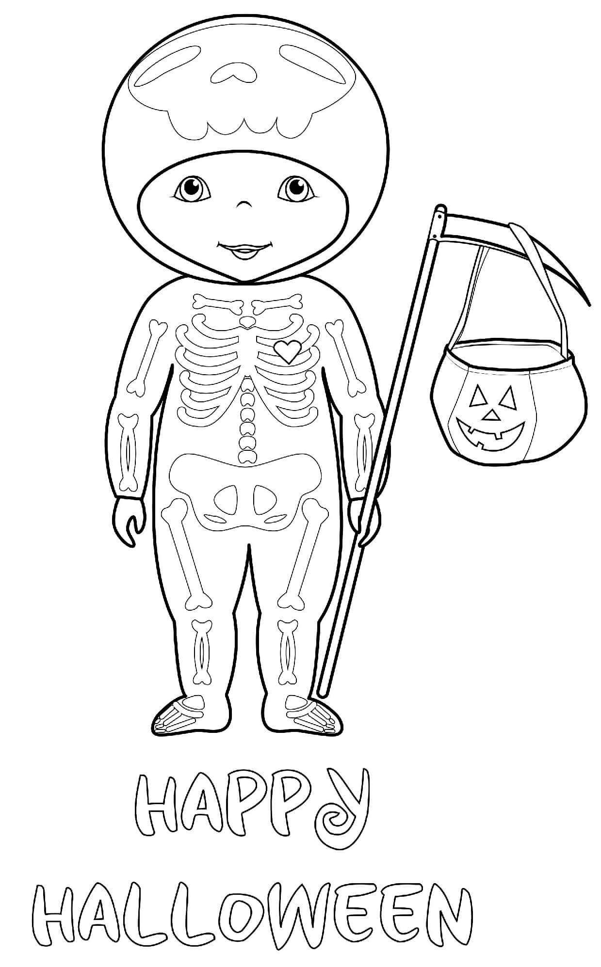 Halloween Skeleton Trick Treat Costume Coloring Page