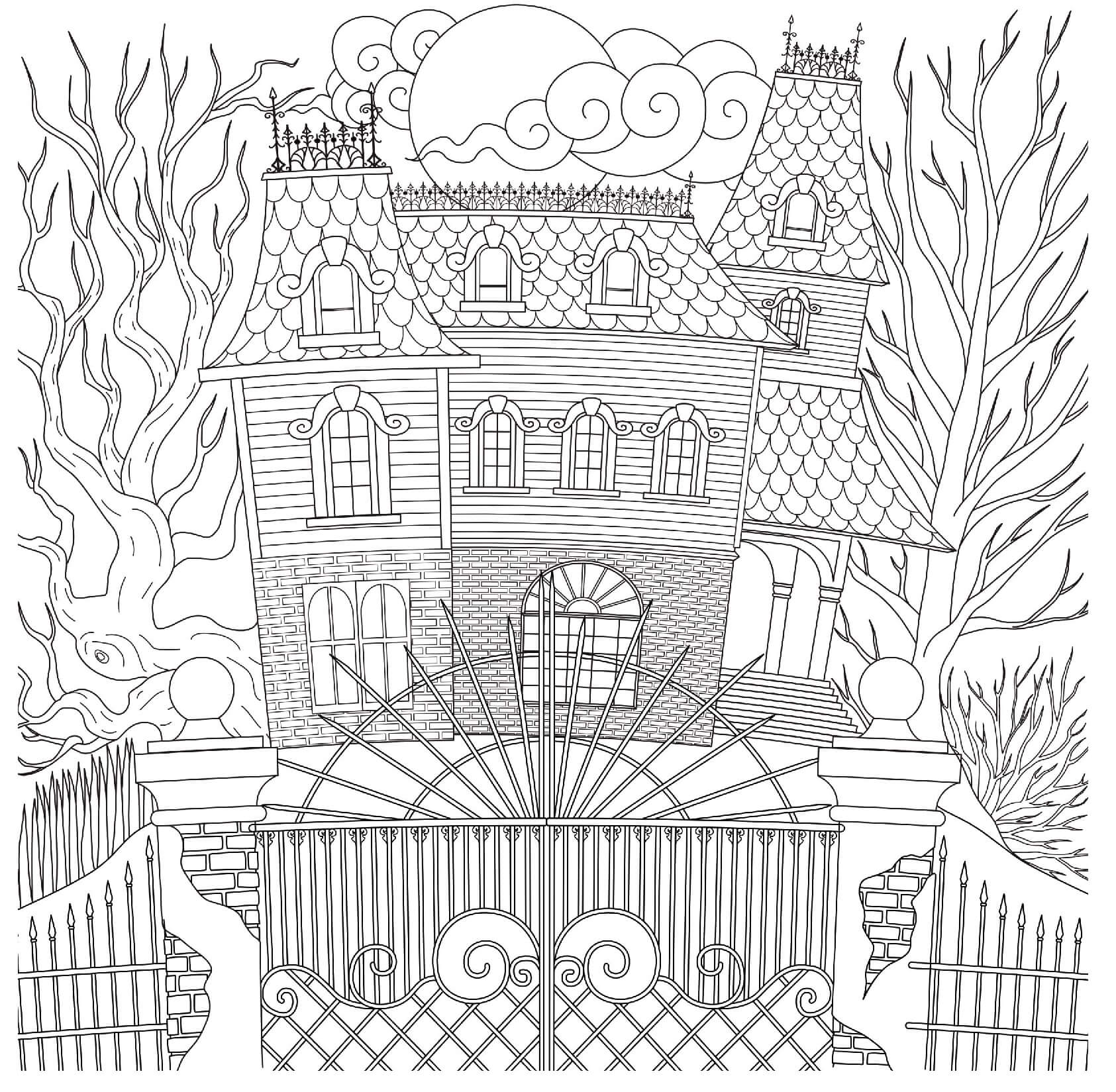 Halloween Spooky Haunted House Intricate Pattern Coloring Page