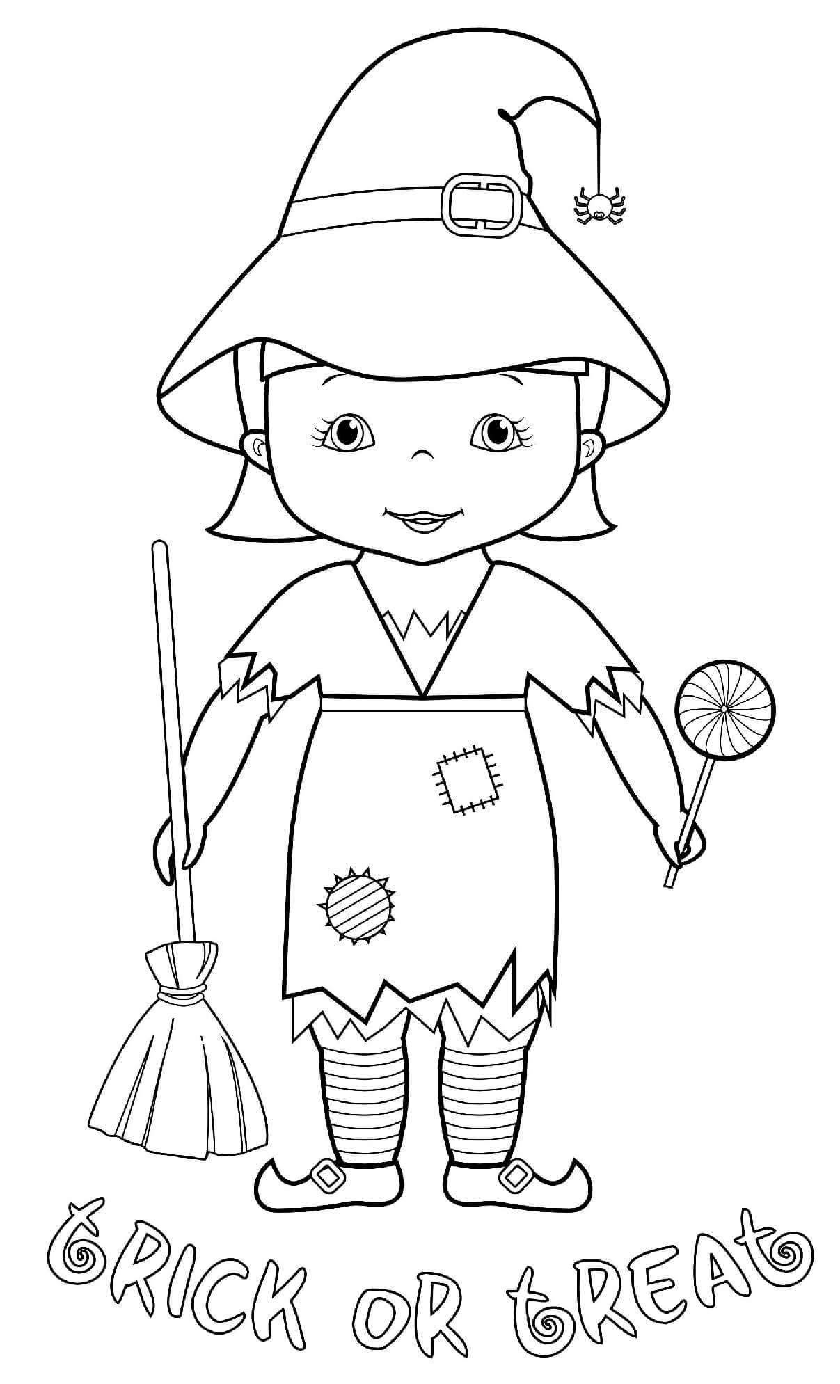 Halloween Trick Treat Witch Costume Coloring Page