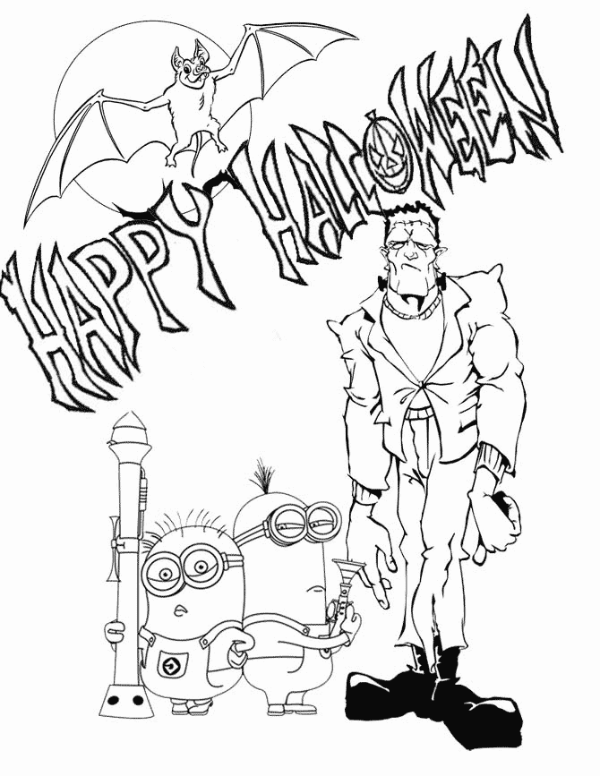 Halloween With Frankenstein And Minions Coloring Page