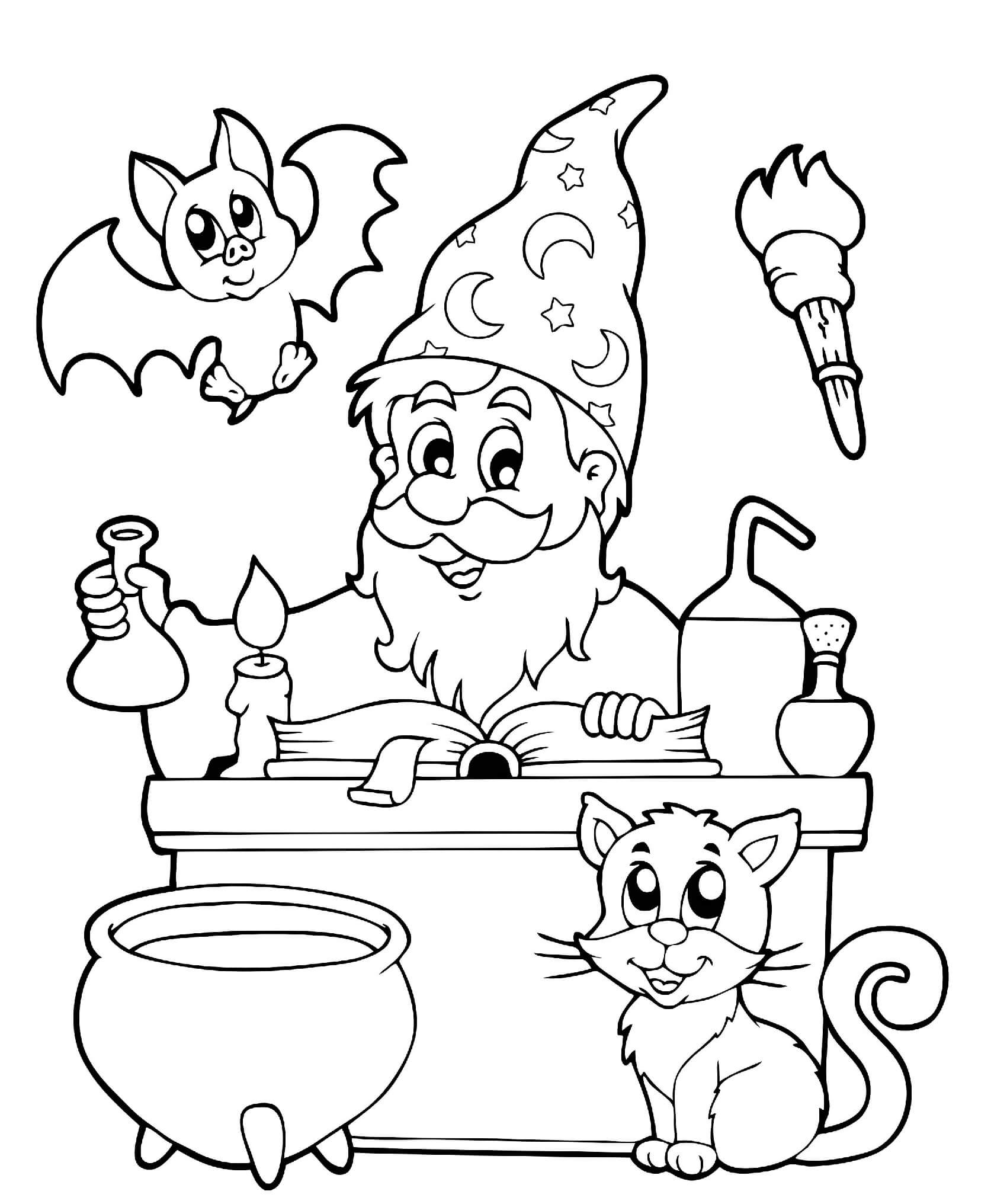 Halloween Wizard Book Cauldron Cat Coloring Page