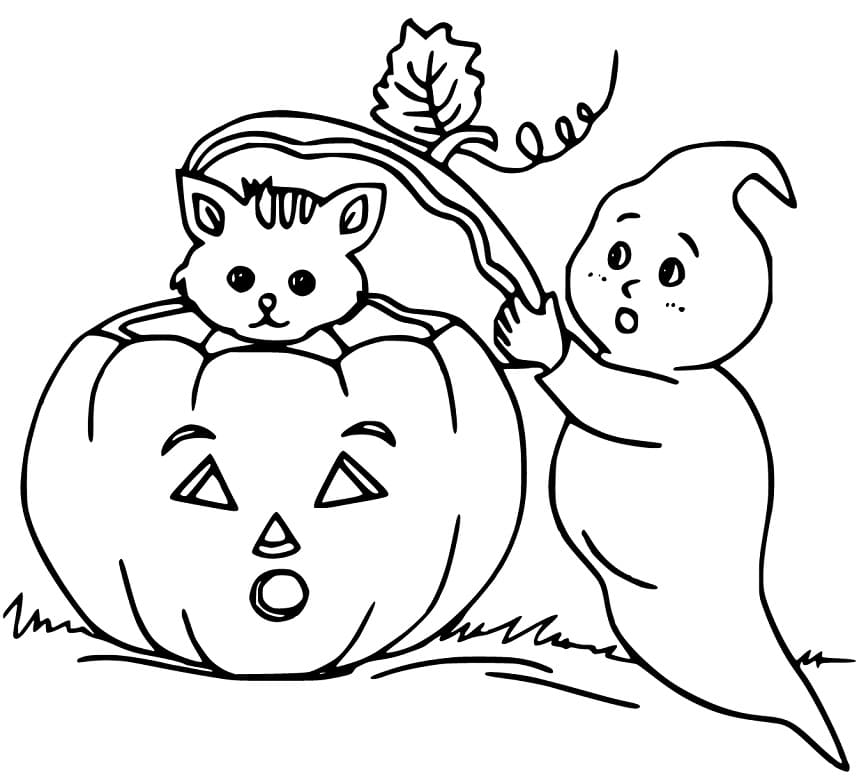 Hallween Cat and Ghost Coloring Page