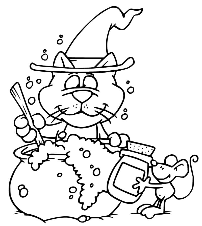 Hallween Cat and Mouse Coloring Page