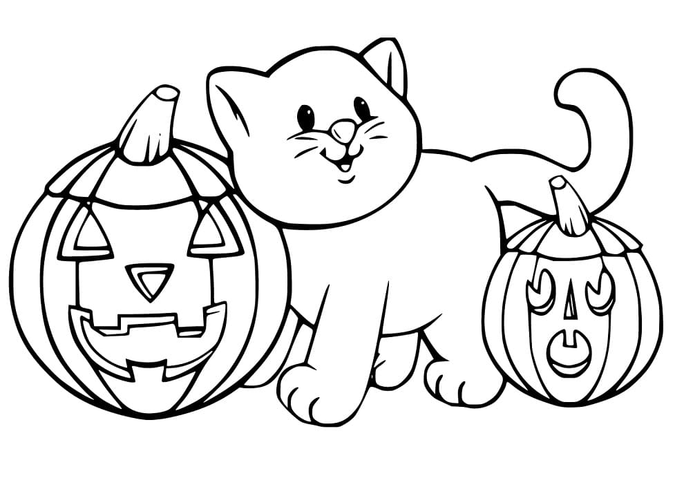 Hallween Cat and Pumpkins Coloring Page