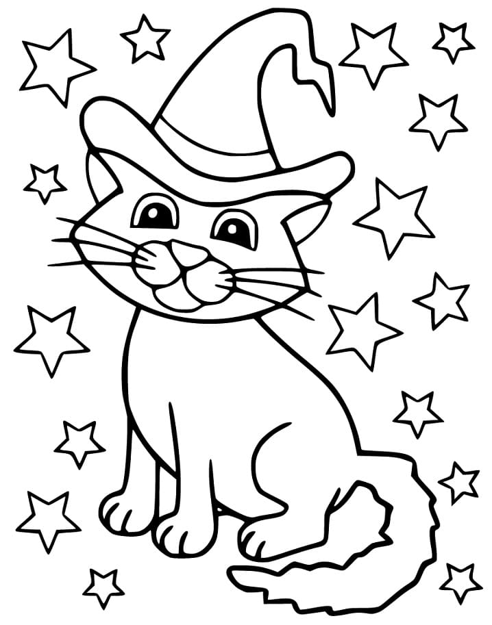 Hallween Cat and Stars Coloring Page