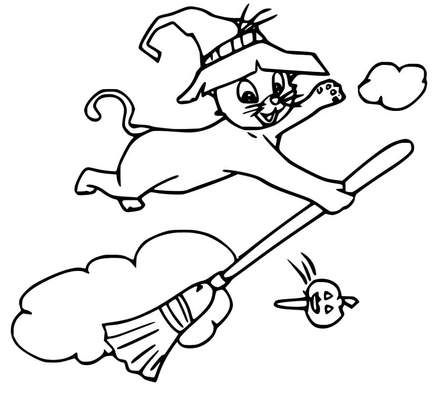 Hallween Cat Flying Coloring Page
