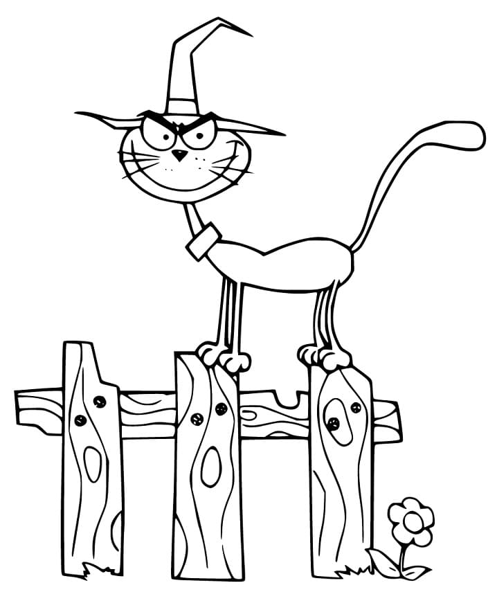 Hallween Cat on the Fence Coloring Page