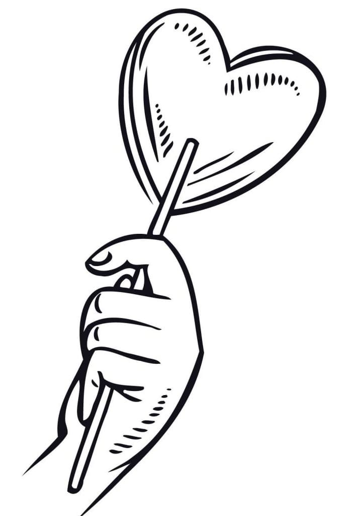 Hand Holds Heart Lollipop Coloring Page